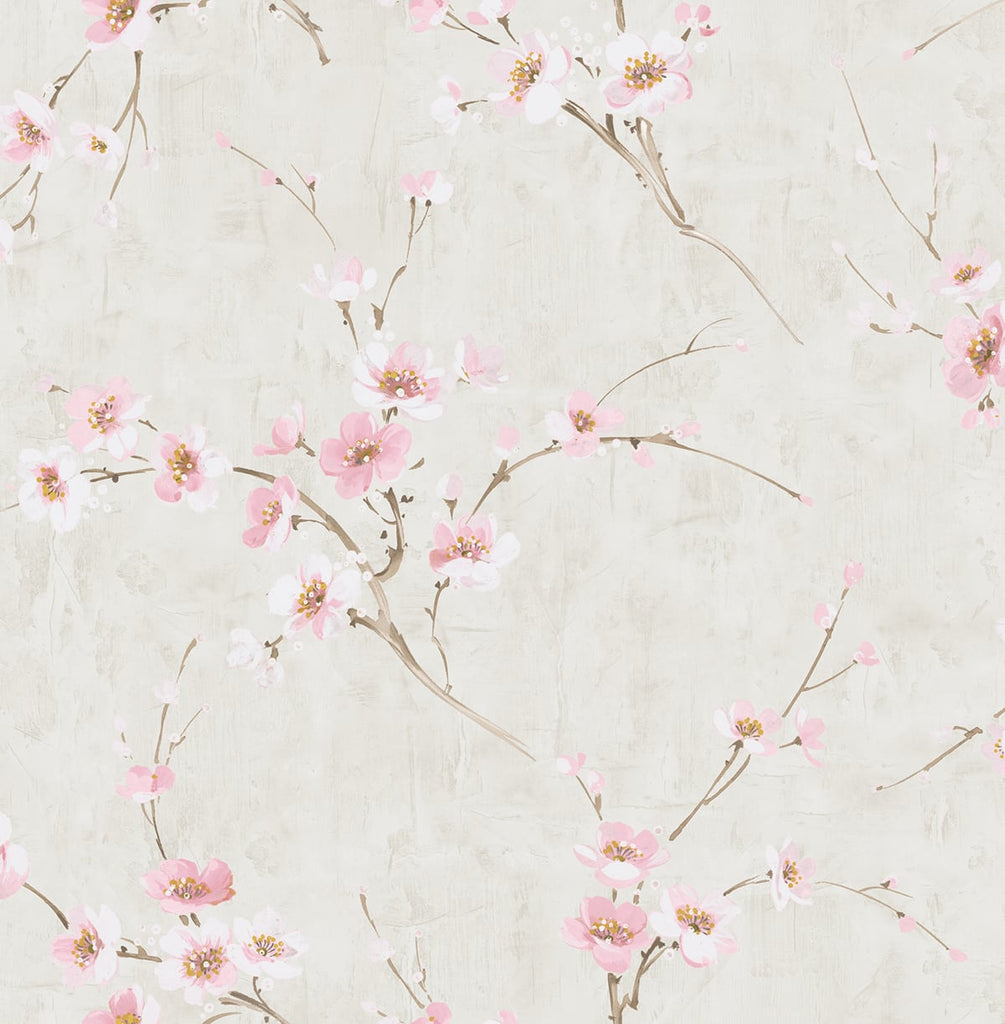 Malibu Silk Road Dogwood Wallpaper - Traditional Floral - Metallic Pearl and Pink | Malibu Wallpaper