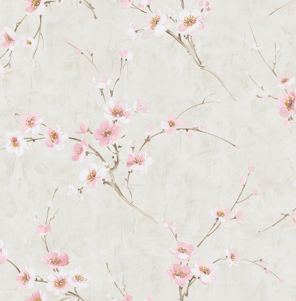 Malibu Silk Road Dogwood Wallpaper - Traditional Floral - Metallic Pearl and Pink | Malibu Wallpaper