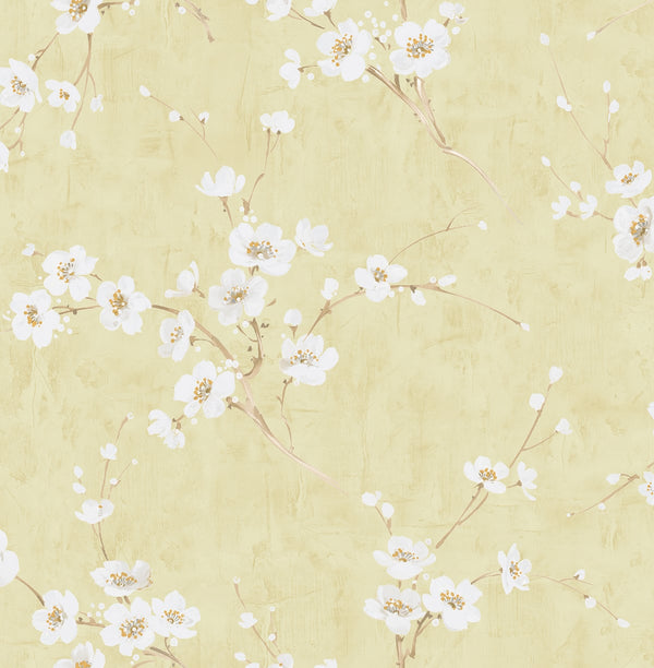 Silk Road Dogwood Traditional Floral Metallic Pearl and Gold | Architectural Wallcoverings