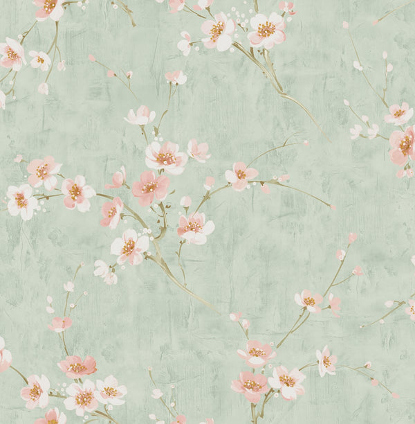 Silk Road Dogwood Traditional Floral Metallic Mint and Pink | Architectural Wallcoverings