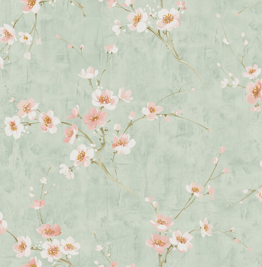 Malibu Silk Road Dogwood Wallpaper - Traditional Floral - Metallic Mint and Pink | Malibu Wallpaper