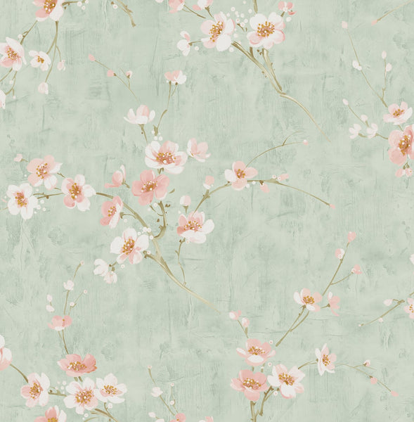 Malibu Silk Road Dogwood Wallpaper - Traditional Floral - Metallic Mint and Pink | Malibu Wallpaper