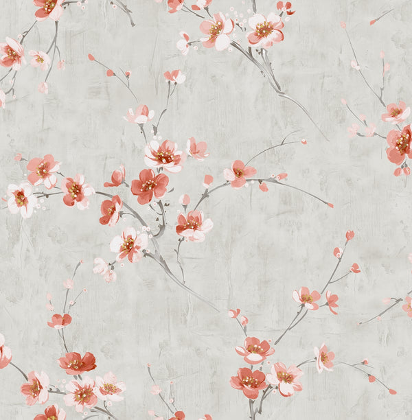 Silk Road Dogwood Traditional Floral Metallic Silver and Strawberry | Architectural Wallcoverings