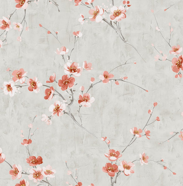 Malibu Silk Road Dogwood Wallpaper - Traditional Floral - Metallic Silver and Strawberry | Malibu Wallpaper