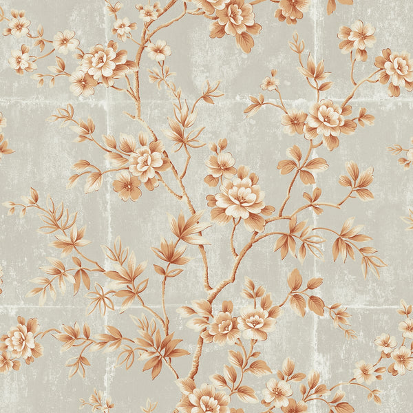 Malibu Great Wall Floral Wallpaper - Traditional Floral - Metallic Orange and Gray | Malibu Wallpaper