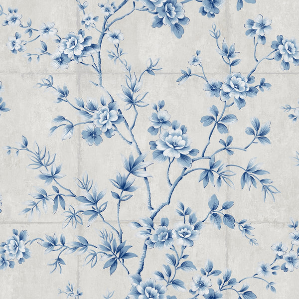 Great Wall Floral Traditional Floral - Metallic Silver and Sky Blue | Architectural Wallcoverings