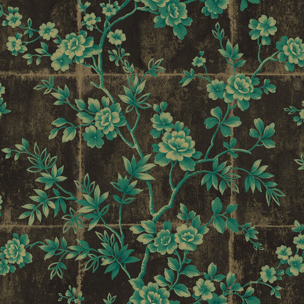 Great Wall Floral Traditional Floral - Metallic Mocha and Sea Green | Architectural Wallcoverings
