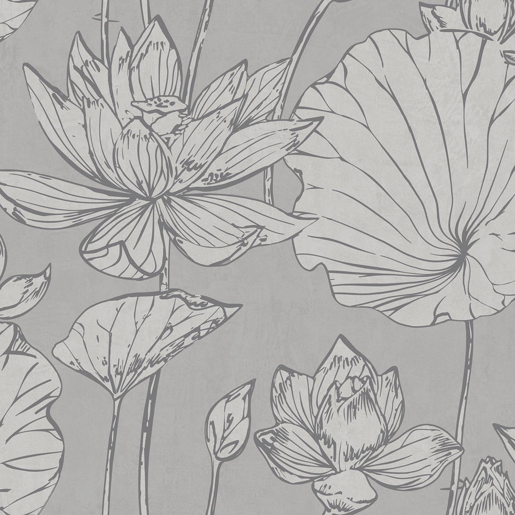 Malibu Lotus Floral Wallpaper - Traditional Floral - Metallic Silver and Gray | Malibu Wallpaper