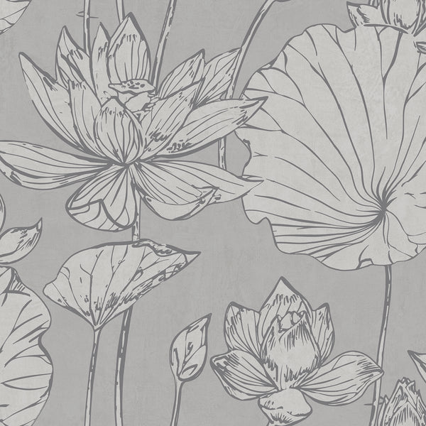 Malibu Lotus Floral Wallpaper - Traditional Floral - Metallic Silver and Gray | Malibu Wallpaper