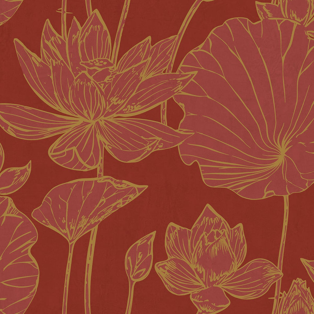 Malibu Lotus Floral Wallpaper - Traditional Floral - Metallic Gold and Crimson | Malibu Wallpaper
