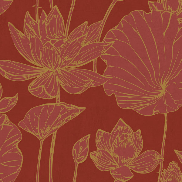 Malibu Lotus Floral Wallpaper - Traditional Floral - Metallic Gold and Crimson | Malibu Wallpaper