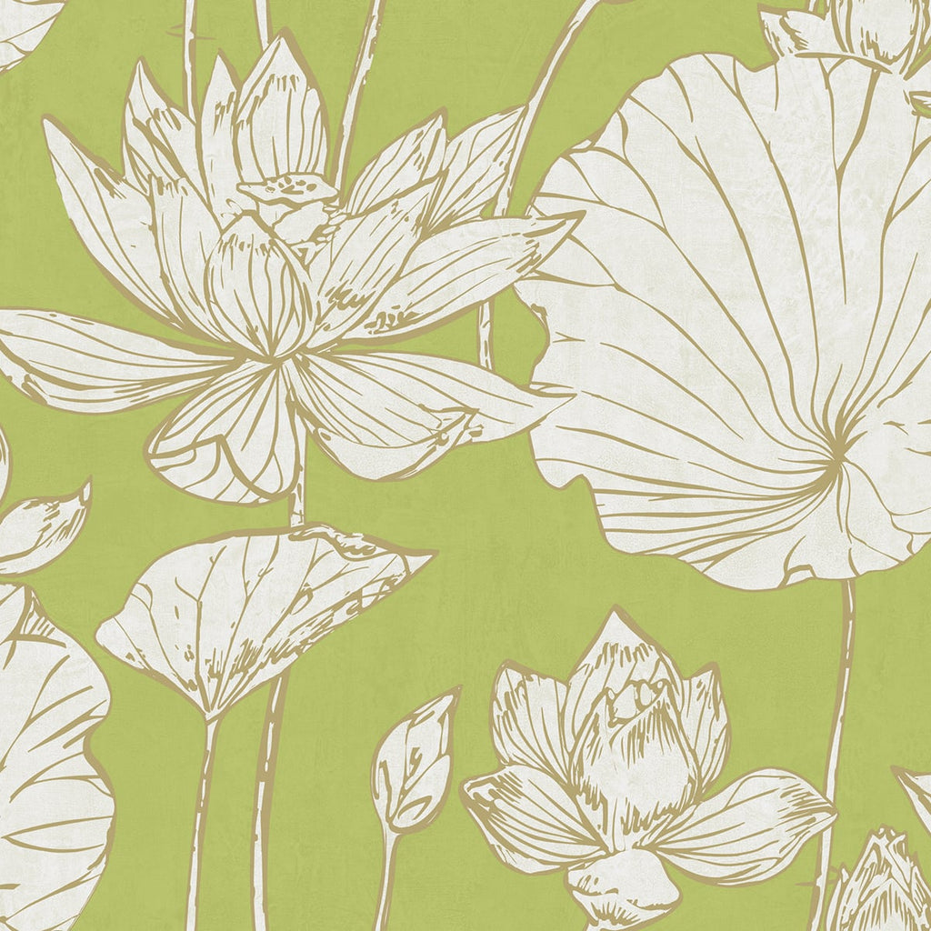Malibu Lotus Floral Wallpaper - Traditional Floral - Metallic Gold and Lime Green | Malibu Wallpaper
