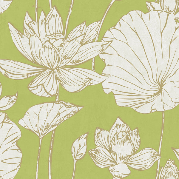 Malibu Lotus Floral Wallpaper - Traditional Floral - Metallic Gold and Lime Green | Malibu Wallpaper