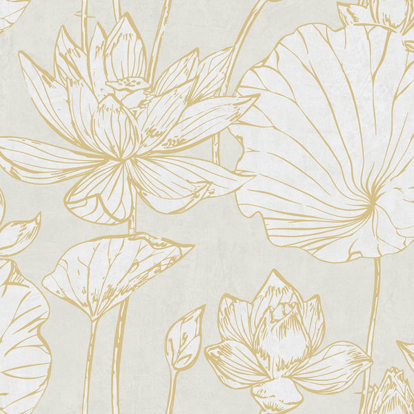 Malibu Lotus Floral Wallpaper - Traditional Floral - Metallic Gold and Off-White | Malibu Wallpaper
