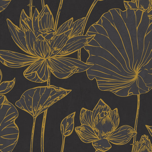 Lotus Floral Traditional Floral - Metallic Gold and Ebony | Architectural Wallcoverings