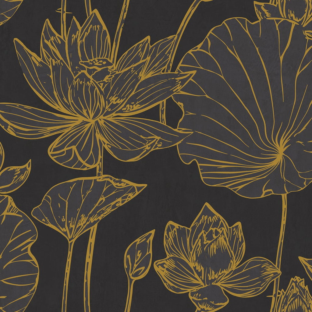 Malibu Lotus Floral Wallpaper - Traditional Floral - Metallic Gold and Ebony | Malibu Wallpaper