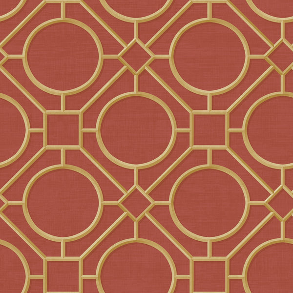 Silk Road Trellis Traditional Geometric - Metallic Gold and Crimson | Architectural Wallcoverings