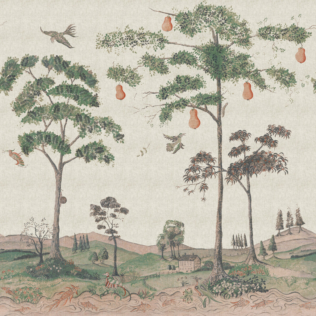 Mythical Land Linen - Flax Taupe | Kravet Couture | Andrew Martin Kit Kemp | Animal/Insects Botanical & Floral Wallcovering Print