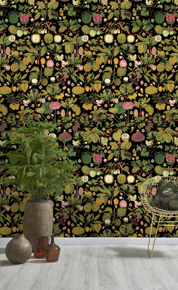 Asian Fruits and Flowers - Anthracite Wallcovering | Mind the Gap