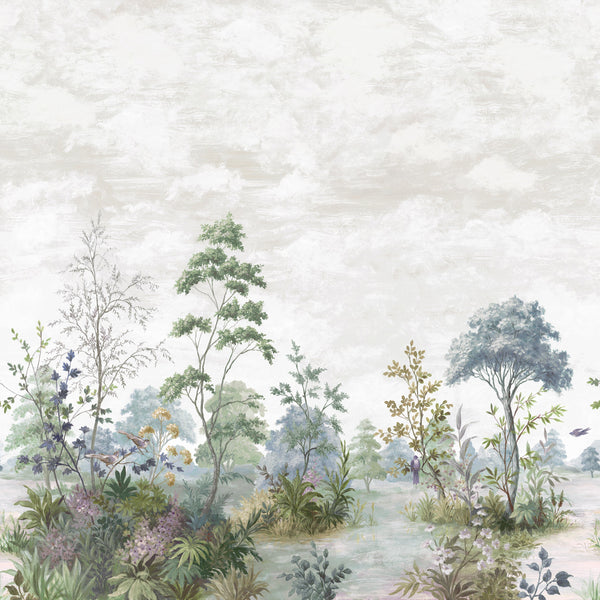 Cumbria Mural, Pale Blue and Green on Pearl Wallcoverings | Thibaut