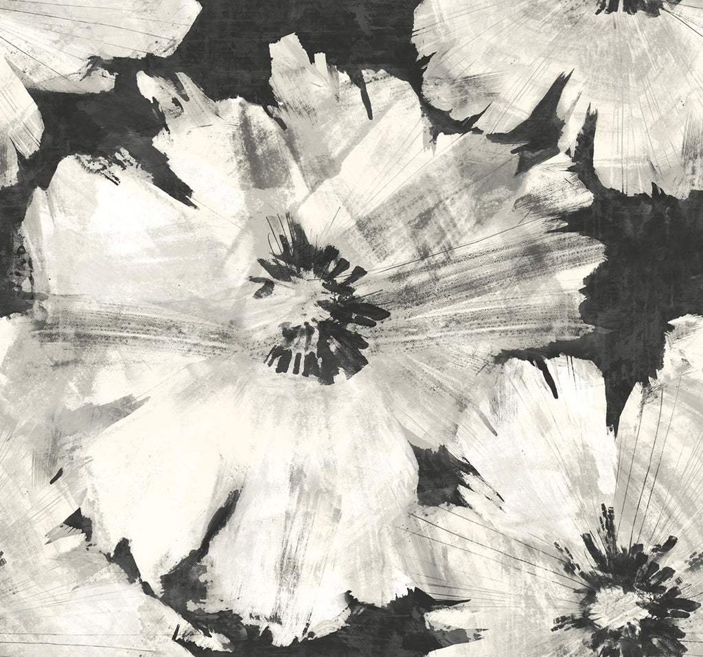 Malibu Curie Abstract Floral Wallpaper - Transitional Floral - Metallic Ebony and Off-White | Malibu Wallpaper