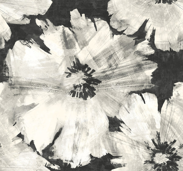 Malibu Curie Abstract Floral Wallpaper - Transitional Floral - Metallic Ebony and Off-White | Malibu Wallpaper