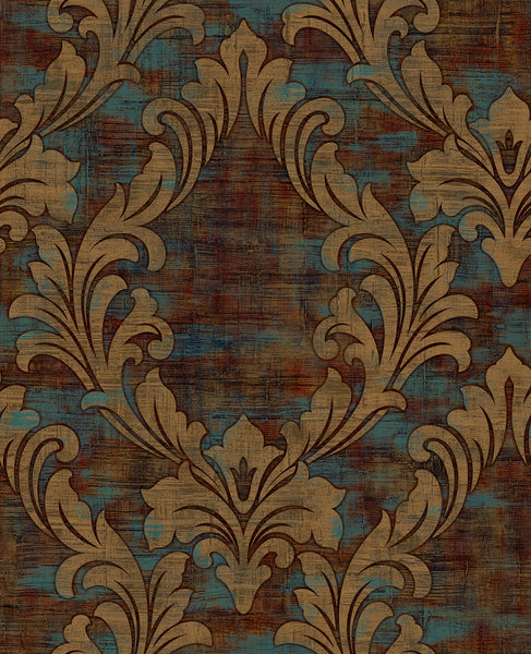 Malibu Kepler Damask Wallpaper - Transitional Damask - Metallic Gold and Spruce | Malibu Wallpaper