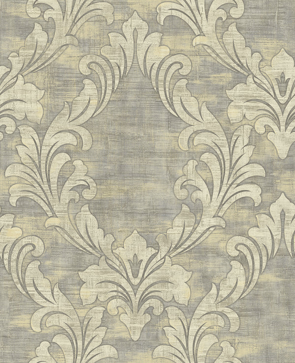Kepler Damask Transitional Damask - Metallic Pearl and Gray | Architectural Wallcoverings