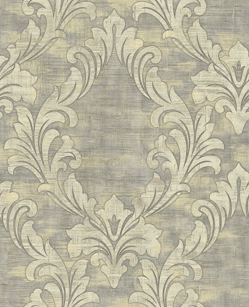 Malibu Kepler Damask Wallpaper - Transitional Damask - Metallic Pearl and Gray | Malibu Wallpaper