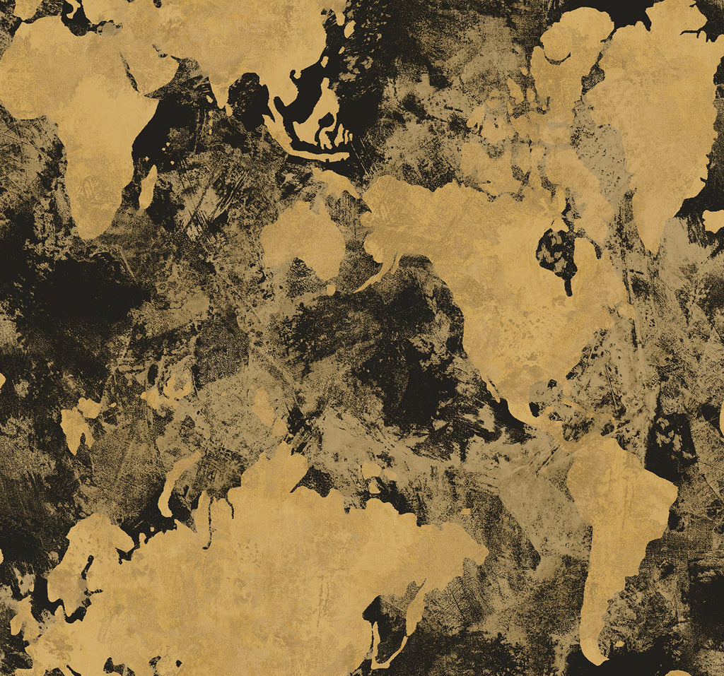 Malibu Galileo Faux Wallpaper - Transitional Abstract - Metallic Gold and Ebony | Malibu Wallpaper