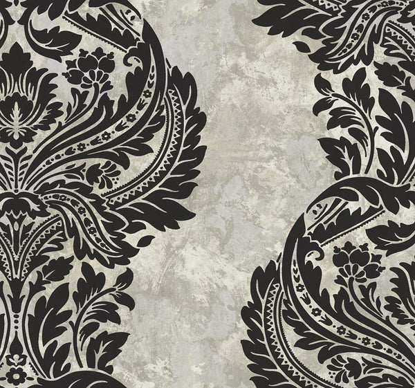 Newton Damask Transitional Damask - Black and Greige | Architectural Wallcoverings
