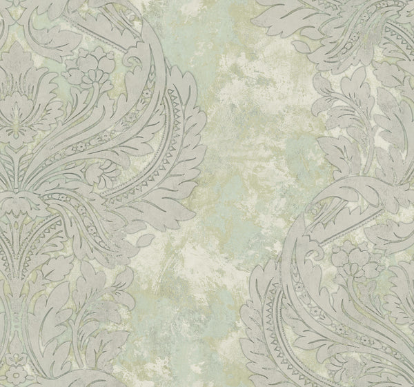 Malibu Newton Damask Wallpaper - Transitional Damask - Metallic Gold and Mint | Malibu Wallpaper