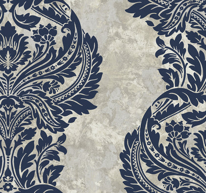 Newton Damask Transitional Damask - Blue and Grey Damask | Architectural Wallcoverings