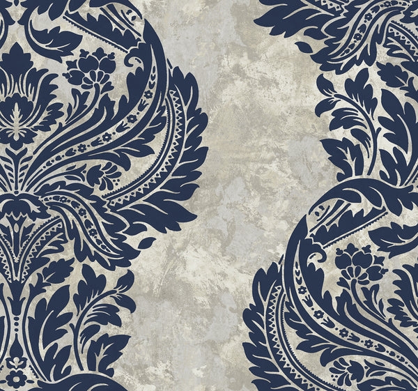 Malibu Newton Damask Wallpaper - Transitional Damask - Blue and Grey Damask | Malibu Wallpaper