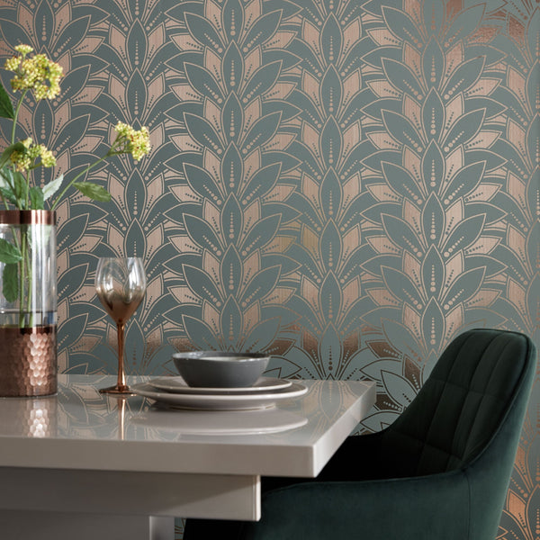 Astoria Neo Mint - Green and Gold Wallcovering | 1838 Wallcoverings