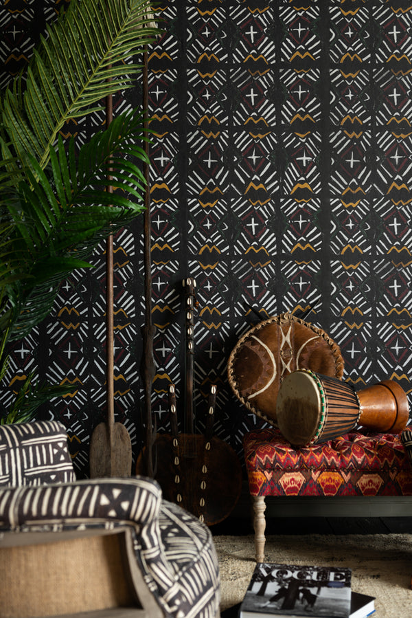 Bamana Recoloured - Black, White, Yellow, Red Wallcovering | Mind the Gap