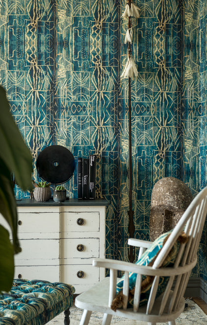 Bamileke - Taupe, Blue, Turquoise Wallcovering | Mind the Gap