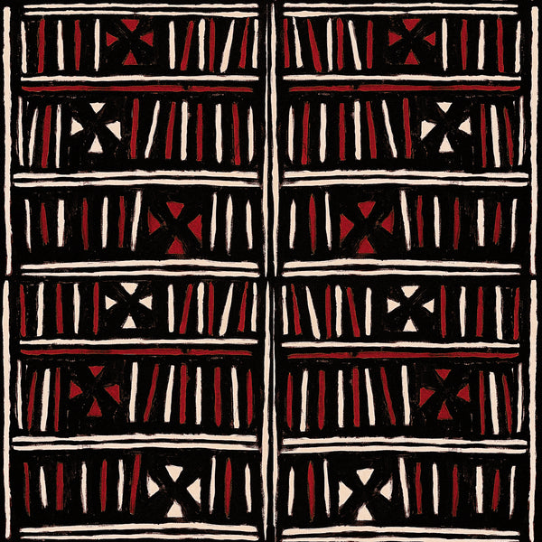 Bogolanfini Recoloured - Taupe, Black, Red Wallcovering | Mind the Gap