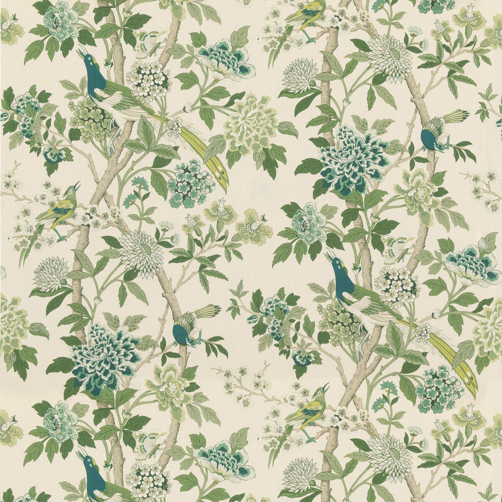 Samples and Purchasing available for Hydrangea Bird (Archive) - Green Green By G P & J Baker | Chifu |Botanical & Floral Flora & Fauna Multipurpose Print at Designer Wallcoverings and Fabrics