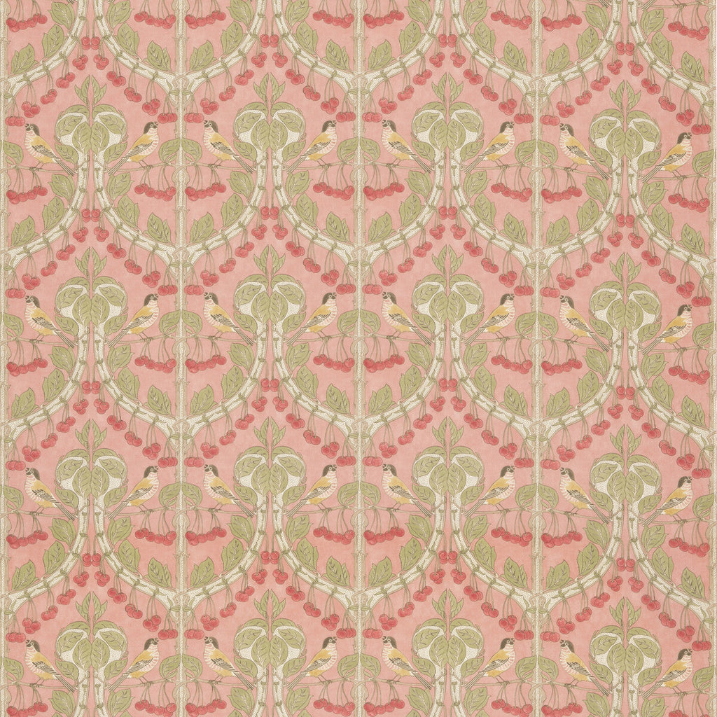 Samples and Purchasing available for Birds & Cherries Cotton - Coral Pink By G P & J Baker | Original Brantwood Fabric |Animal/Insects  Multipurpose Print at Designer Wallcoverings and Fabrics