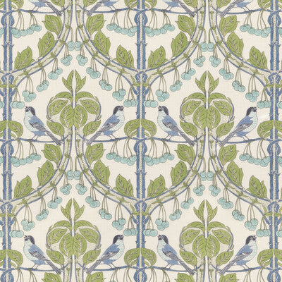 Samples and Purchasing available for Birds & Cherries - Green/Blue Blue By G P & J Baker | Original Brantwood Fabric |Animal/Insects  Multipurpose Print at Designer Wallcoverings and Fabrics