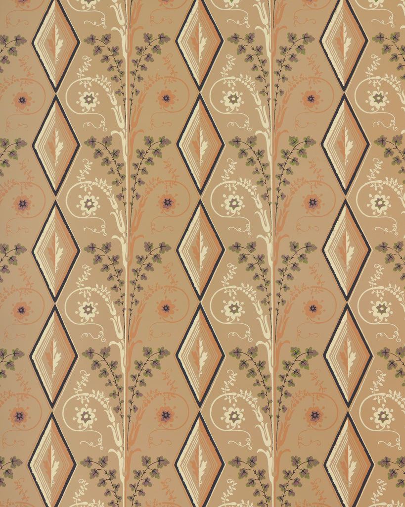 Gallier Diamond - Brown And Green On Beige Brown By Brunschwig & Fils | Diamond Geometric Wallcovering Print