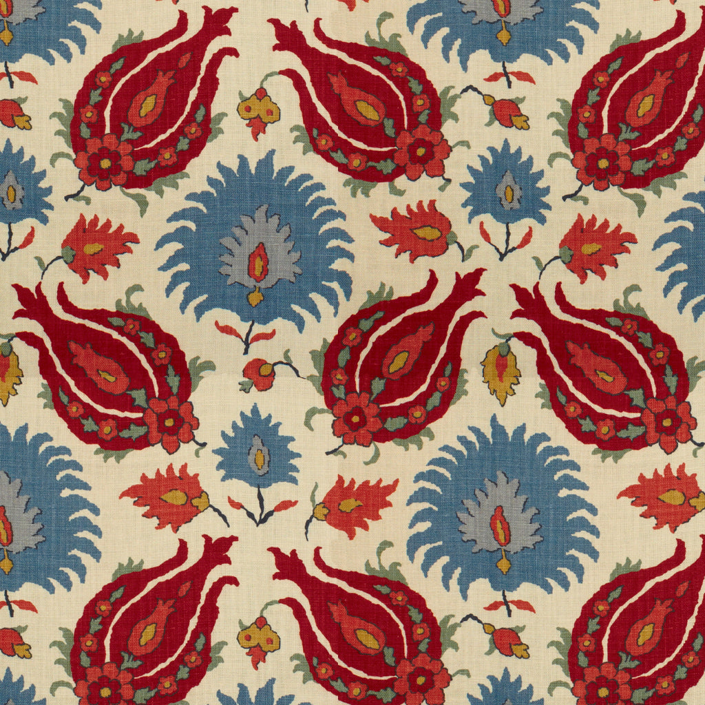 Kashmiri Linen Print - Pomegranate/Blue Beige By Brunschwig & Fils | Les Alizes | Global Multipurpose Print