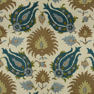 Kashmiri Linen Print - Teal Blue/Taupe Beige By Brunschwig & Fils | Les Alizes | Global Multipurpose Print