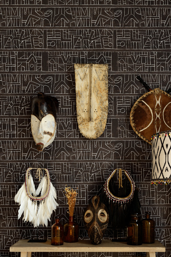 Bushoong Kuba - White, Brown Wallcovering | Mind the Gap