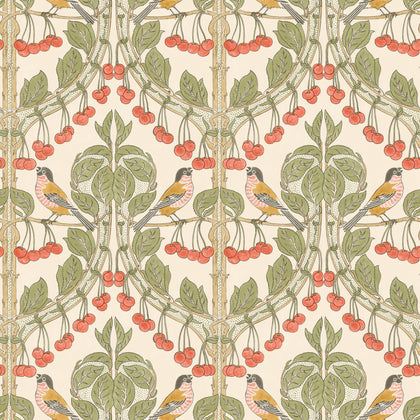 Birds & Cherries - Red/Green Red By G P & J Baker | Original Brantwood Wallcovering |Animal/Insects  Wallcovering