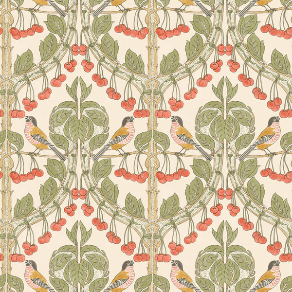 Birds & Cherries - Red/Green Red By G P & J Baker | Original Brantwood Wallcovering |Animal/Insects  Wallcovering