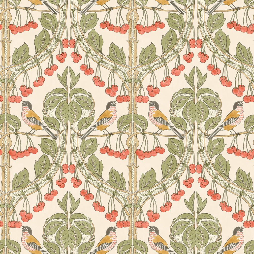 Birds & Cherries - Red/Green Red By G P & J Baker | Original Brantwood Wallcovering |Animal/Insects  Wallcovering