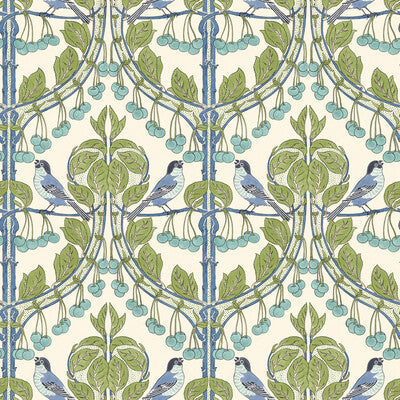 Birds & Cherries - Green/Blue By G P & J Baker | Original Brantwood Wallcovering |Animal/Insects Wallcovering