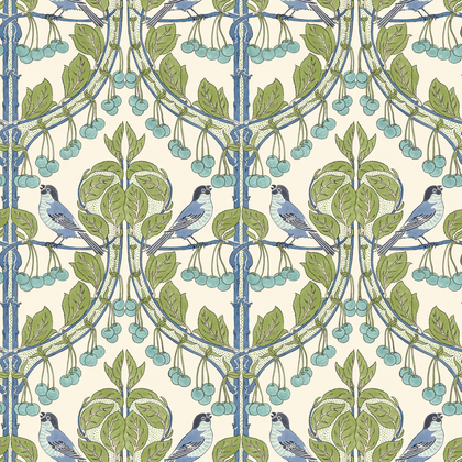 Birds & Cherries - Green/Blue By G P & J Baker | Original Brantwood Wallcovering |Animal/Insects Wallcovering